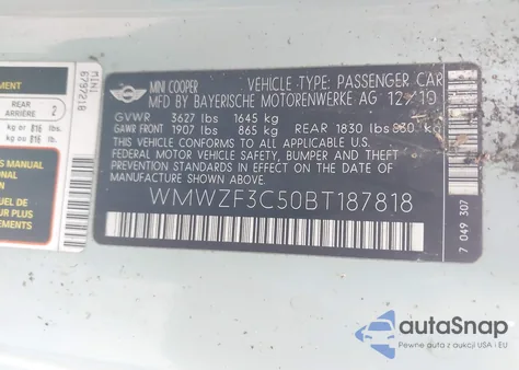 2011 Mini Cooper Clubman z USA, uszkodzony, nr VIN WMWZF3C50BT187818